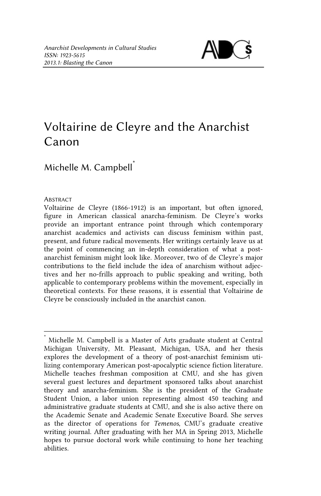 Voltairine De Cleyre and the Anarchist Canon