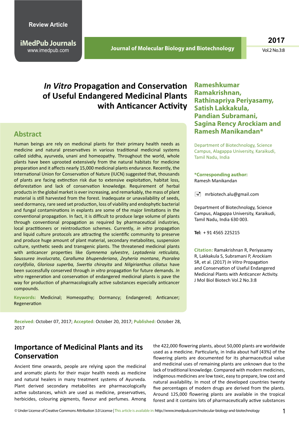 In Vitro Propagation and Conservation of Useful Endangered Medicinal