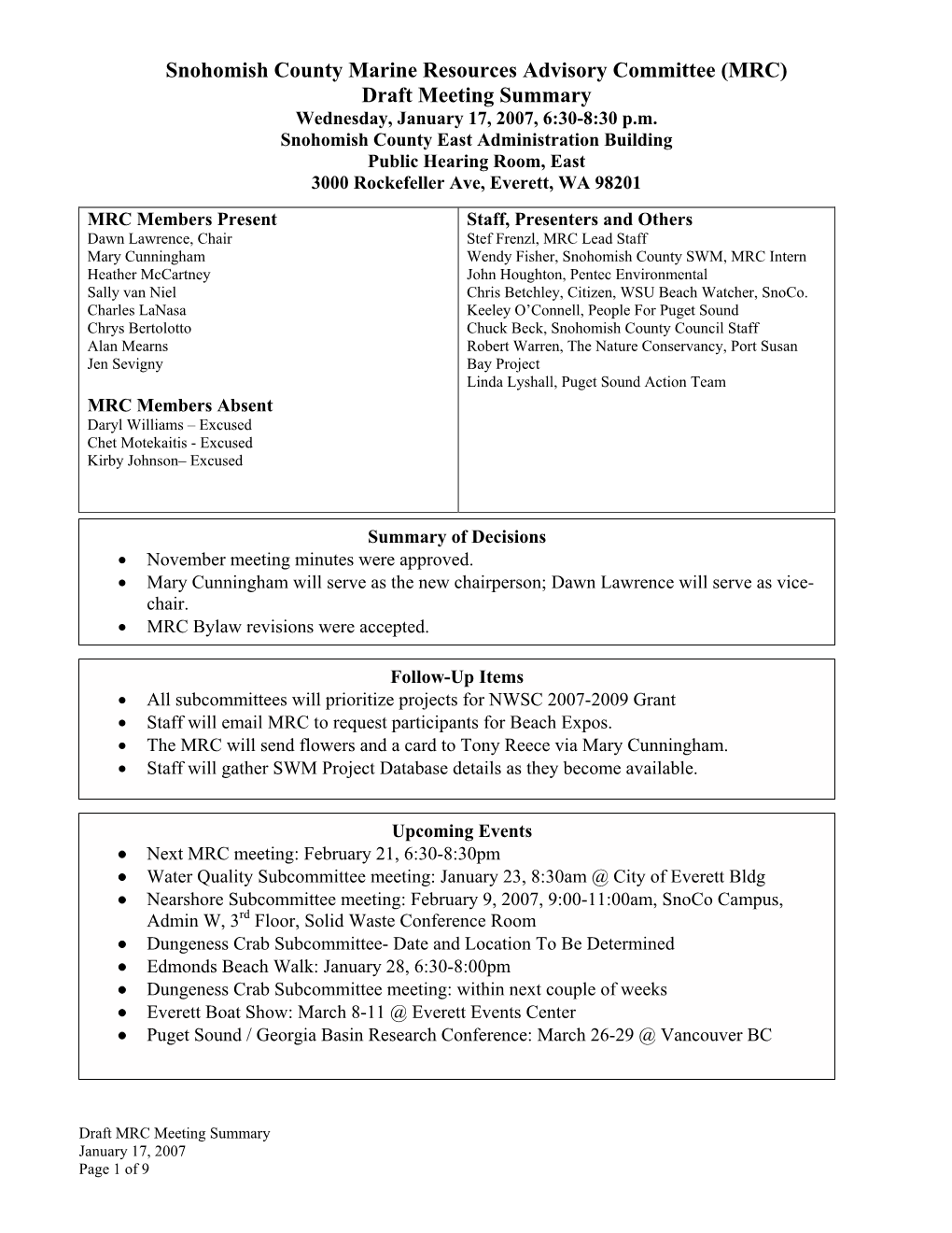 Draft Meeting Summary Wednesday, January 17, 2007, 6:30-8:30 P.M