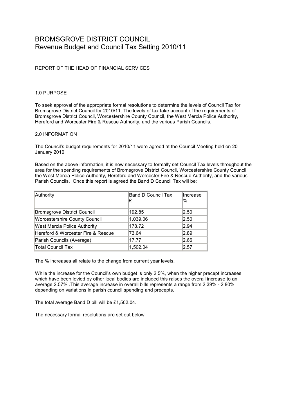 BROMSGROVE DISTRICT COUNCIL Revenue Budget and Council Tax Setting 2010/11