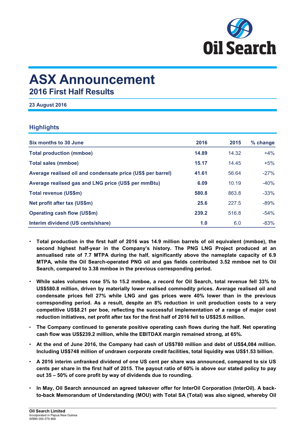 ASX Announcement 2016 First Half Results