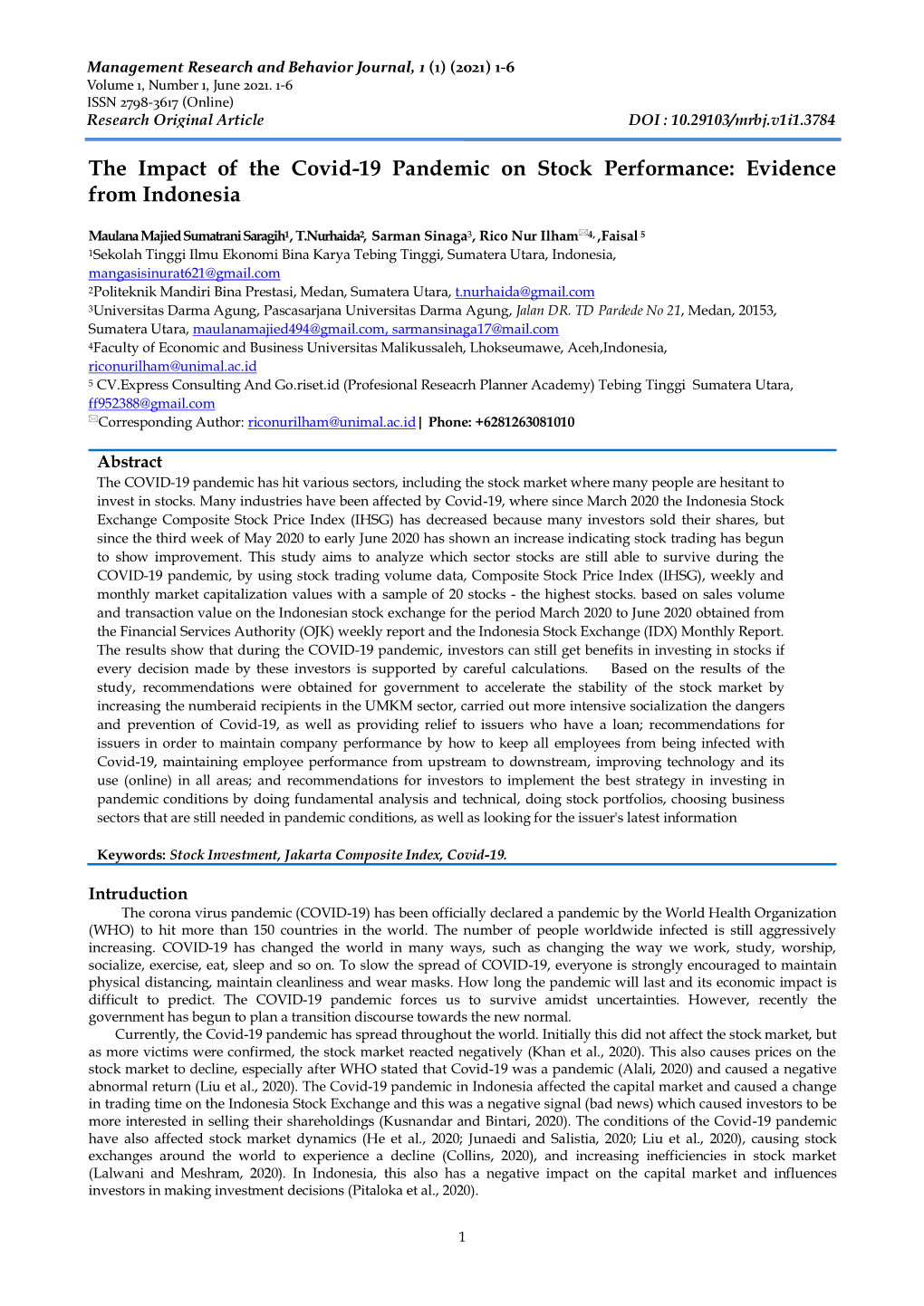 The Impact of the Covid-19 Pandemic on Stock Performance: Evidence from Indonesia