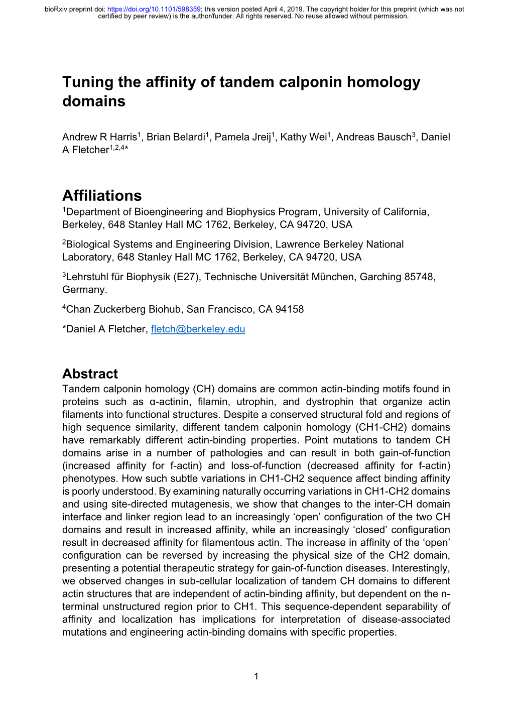 Tuning the Affinity of Tandem Calponin Homology Domains Affiliations