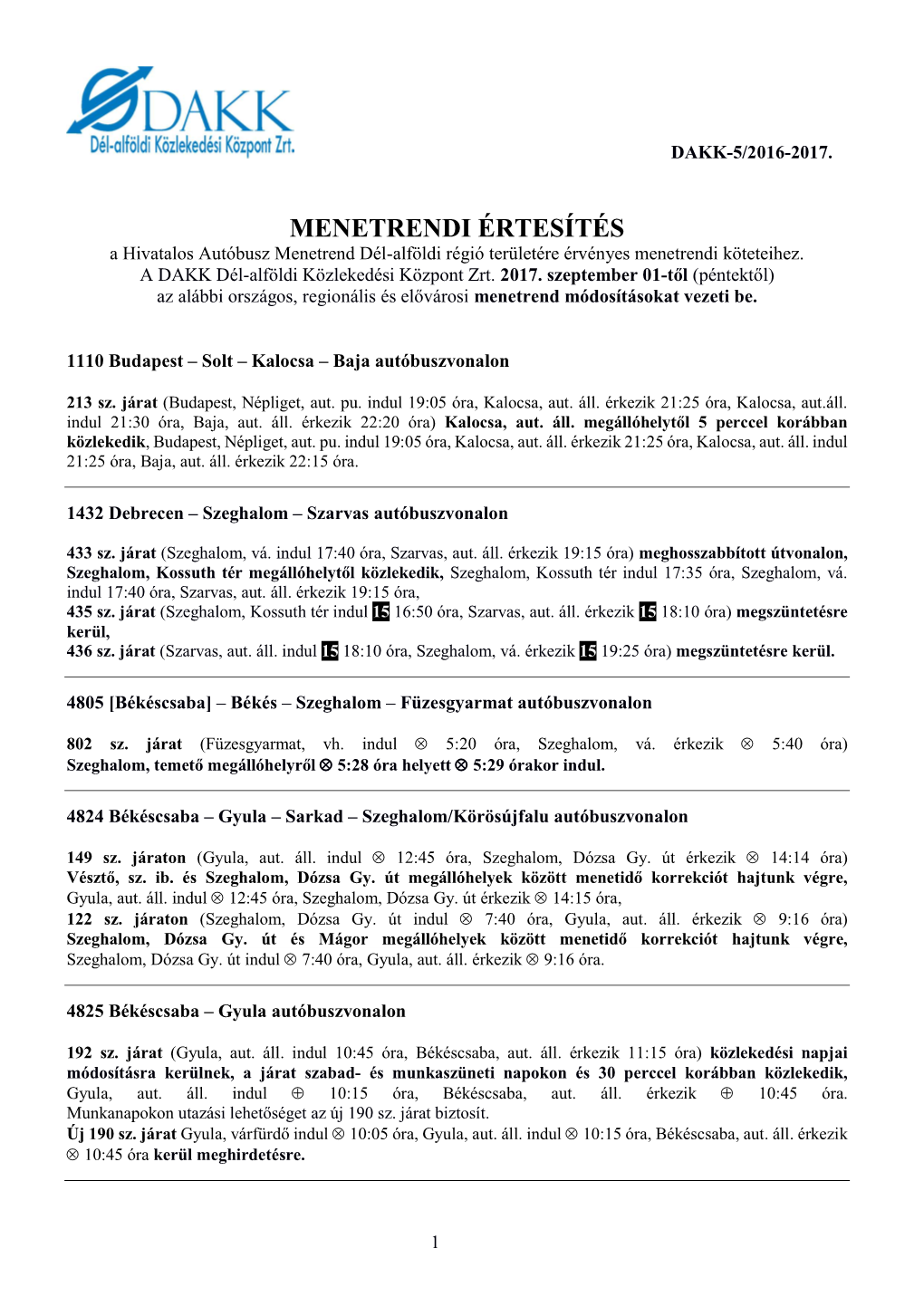 Menetrend Módosítás 2017. Szeptember 1-Tol