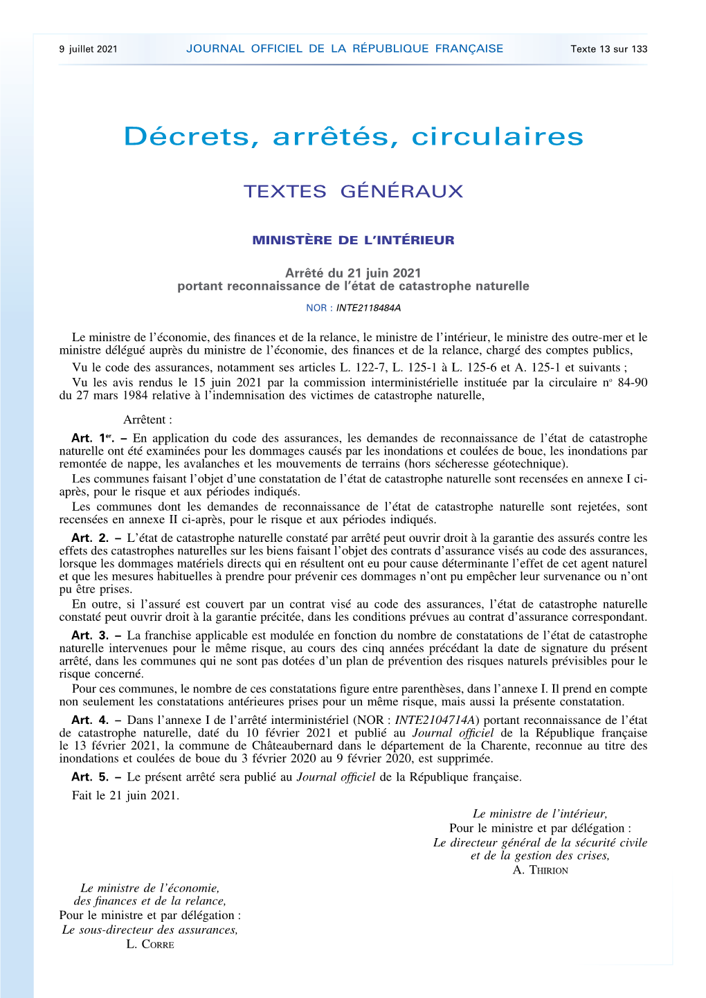 JOURNAL OFFICIEL DE LA RÉPUBLIQUE FRANÇAISE Texte 13 Sur 133