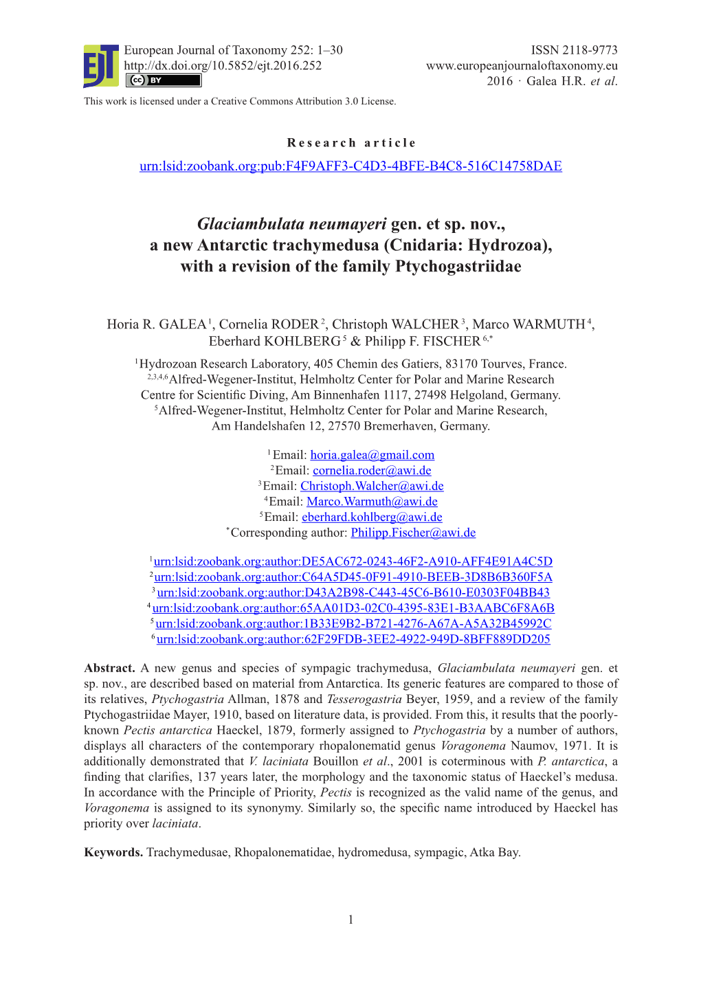 Glaciambulata Neumayeri Gen. Et Sp. Nov., a New Antarctic Trachymedusa (Cnidaria: Hydrozoa), with a Revision of the Family Ptychogastriidae