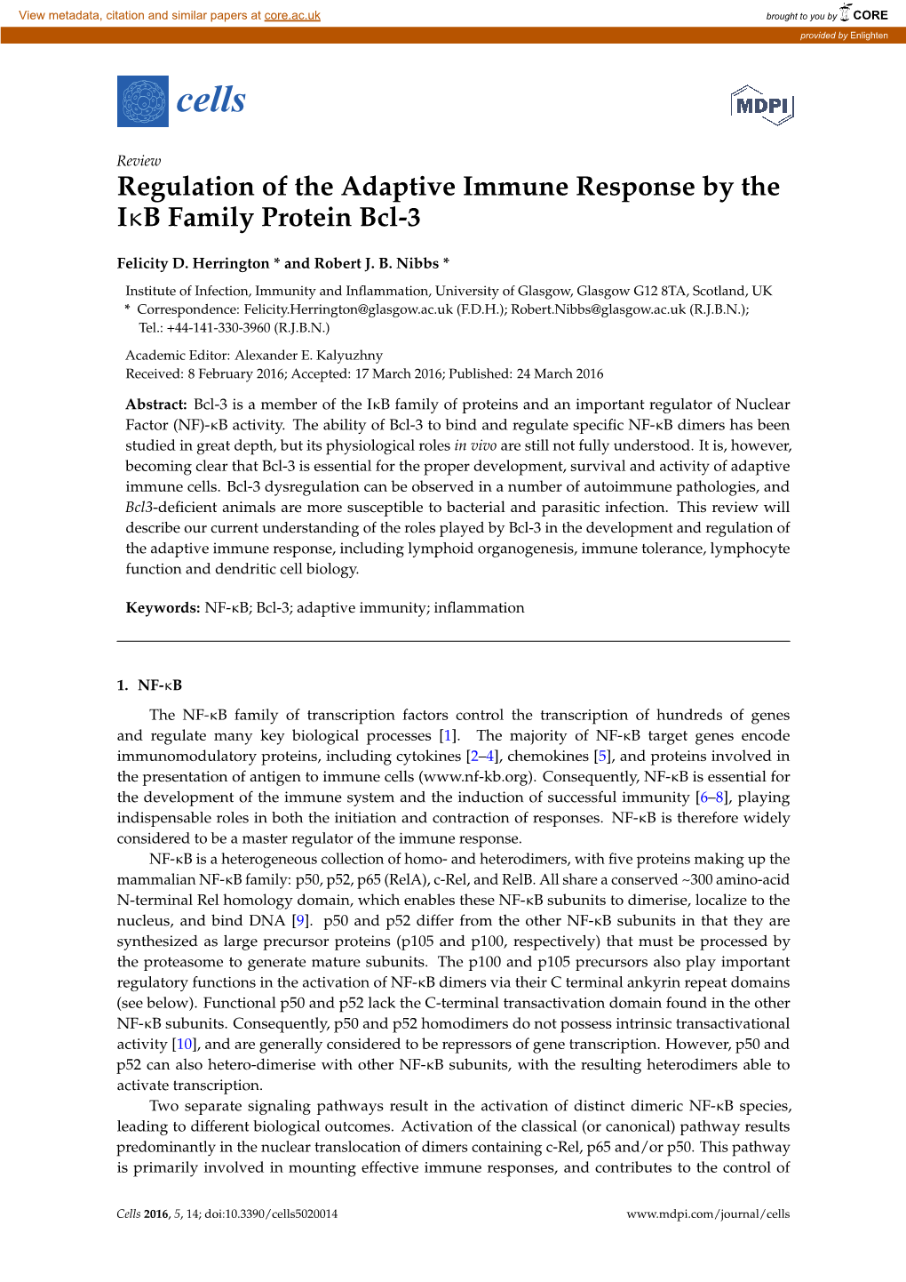 Regulation of the Adaptive Immune Response by the IB Family Protein Bcl-3