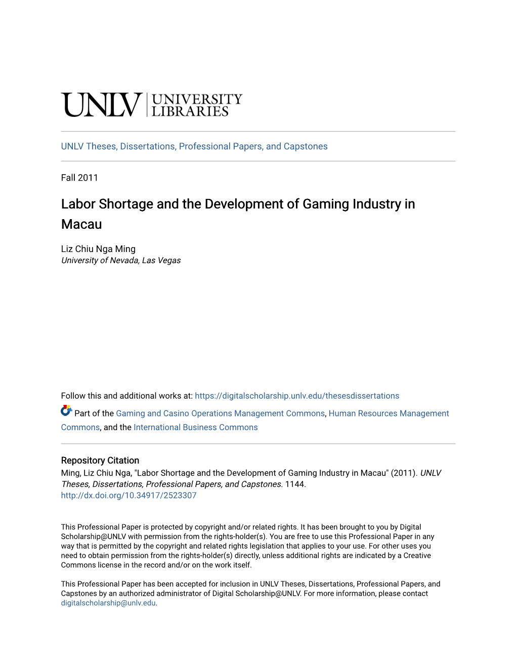 Labor Shortage and the Development of Gaming Industry in Macau