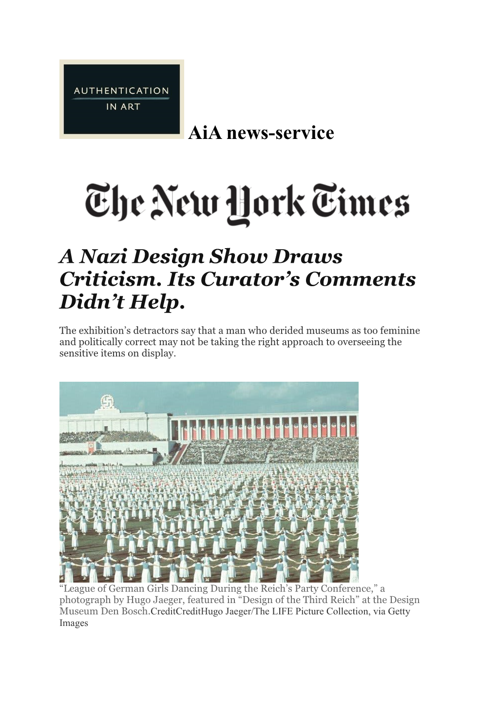 Aia News-Service a Nazi Design Show Draws Criticism. Its Curator's