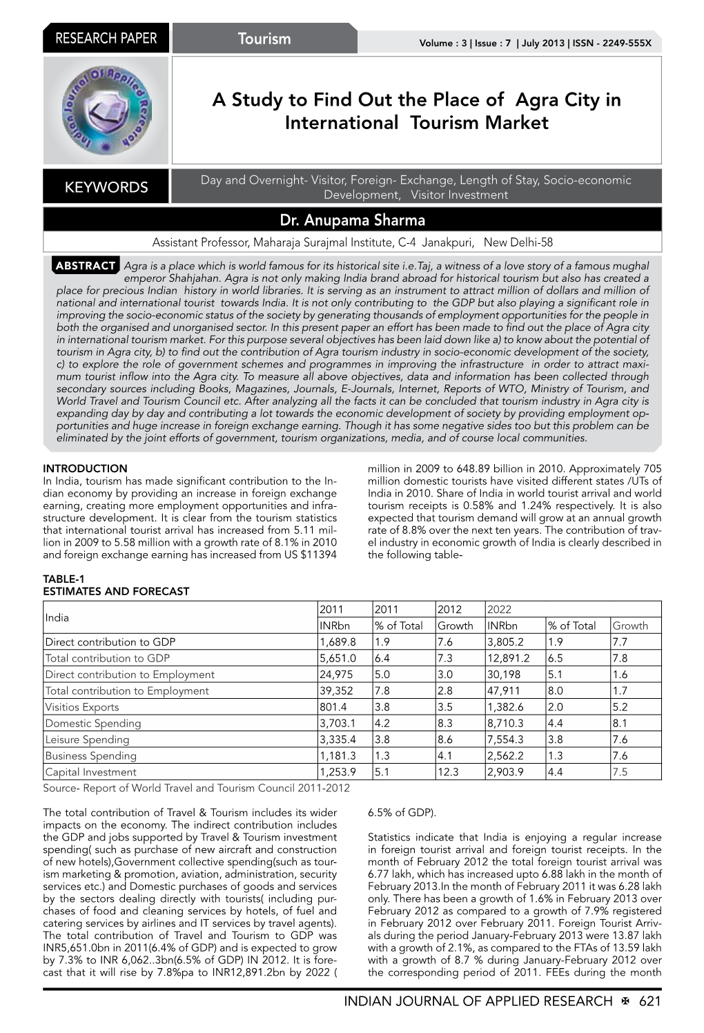 A Study to Find out the Place of Agra City in International Tourism Market