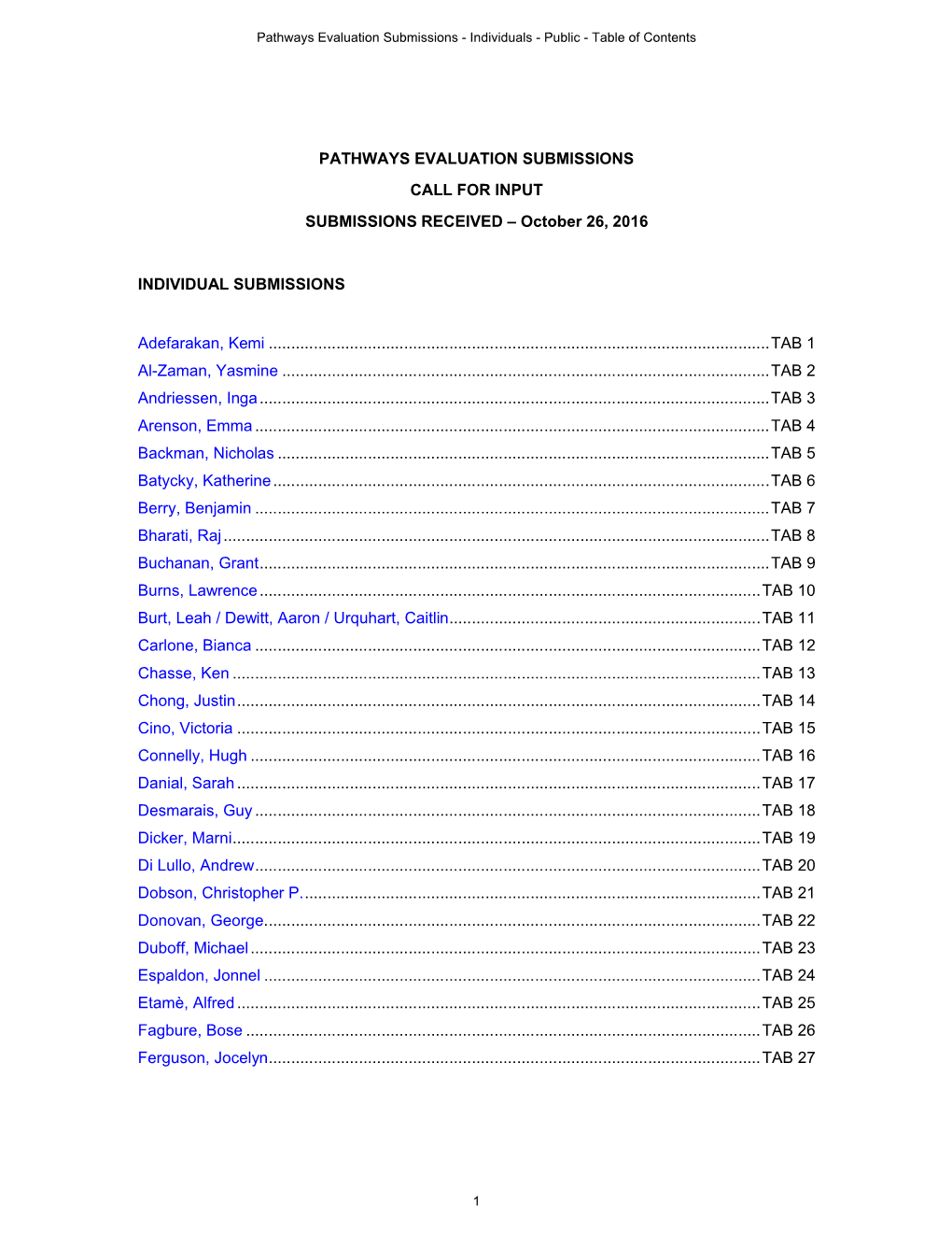 Pathways Evaluation Submissions - Individuals - Public - Table of Contents
