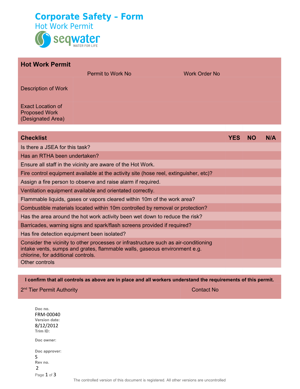 Corporate Safety - Hot Work Permit Form