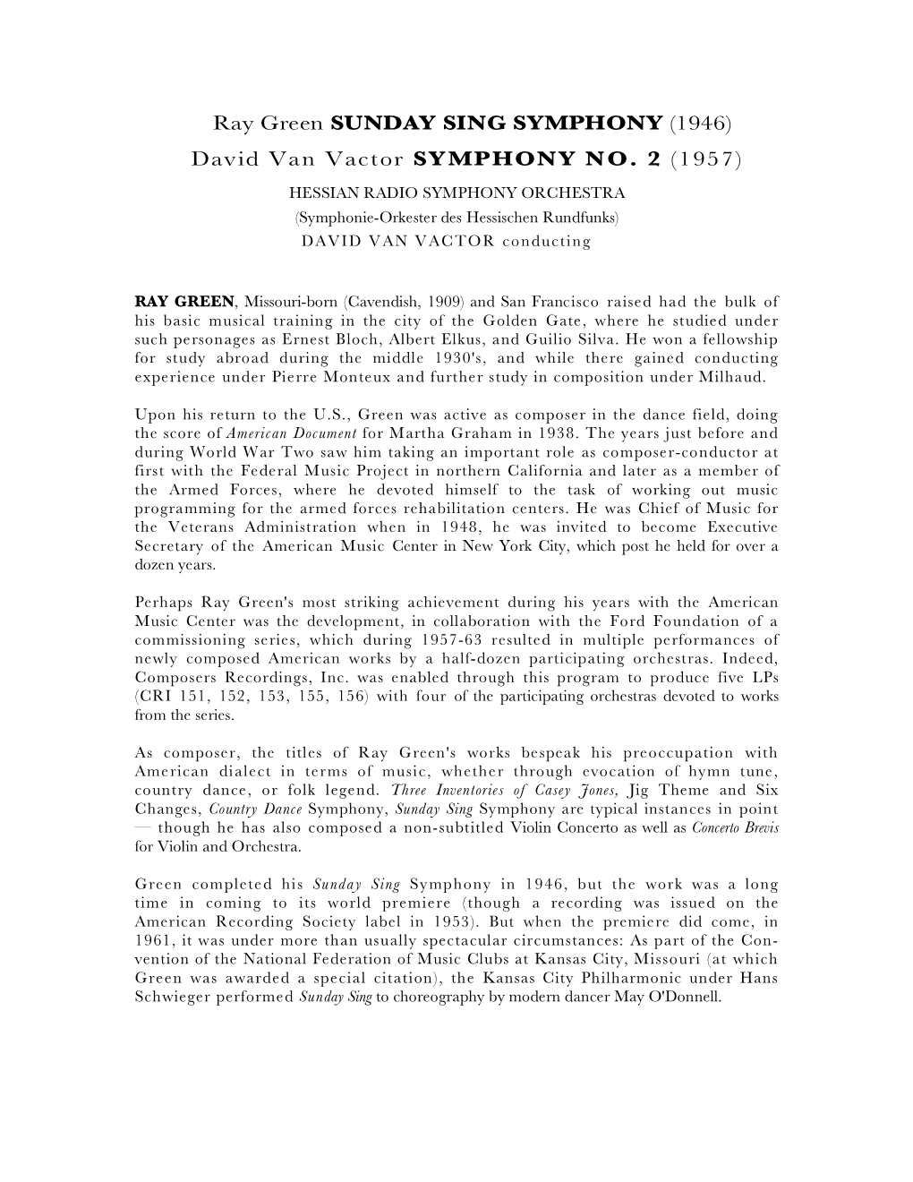 Ray Green SUNDAY SING SYMPHONY (1946) David Van Vactor SYMPHONY NO