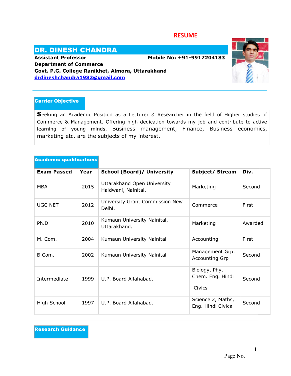 Resume Dr. Dinesh Chandra