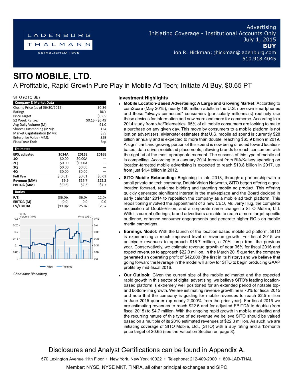 SITO MOBILE, LTD. a Profitable, Rapid Growth Pure Play in Mobile Ad Tech; Initiate at Buy, $0.65 PT