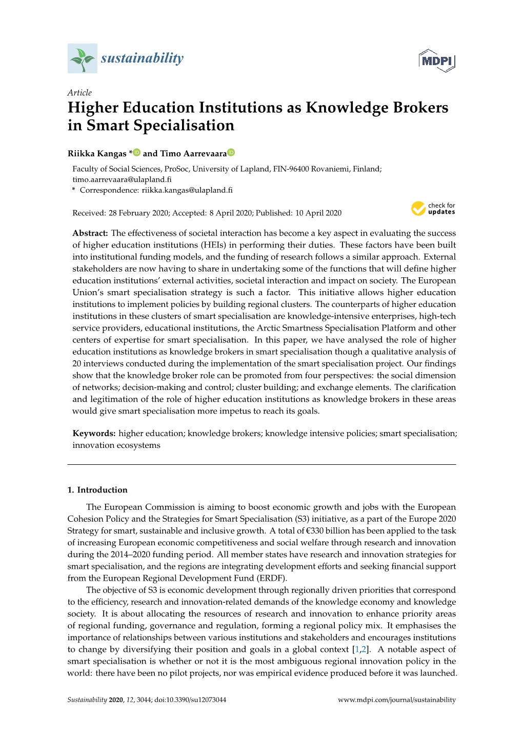 Higher Education Institutions As Knowledge Brokers in Smart Specialisation