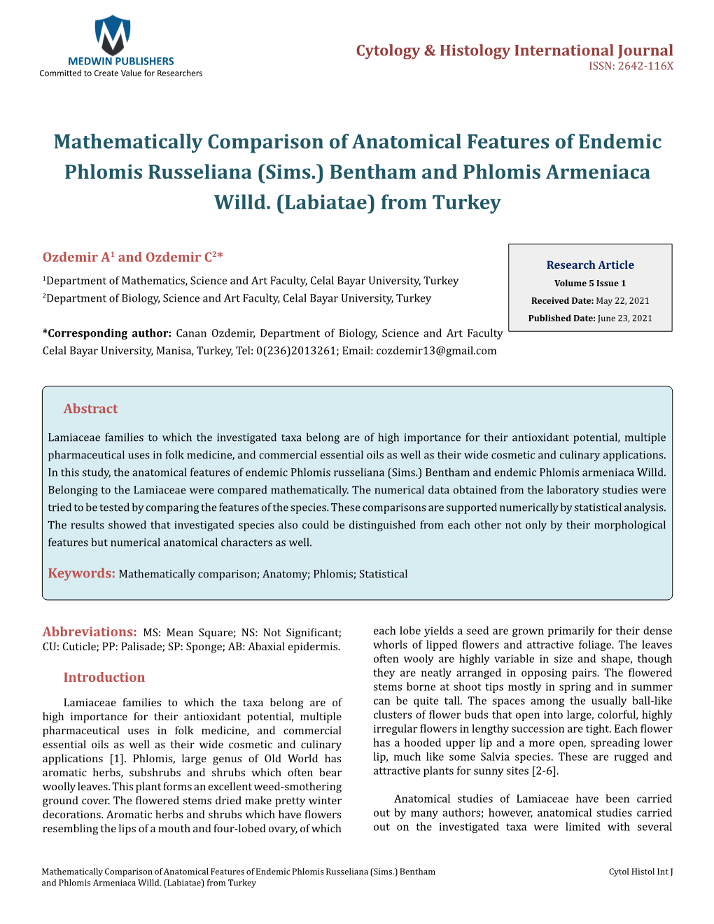 Mathematically Comparison of Anatomical Features of Endemic Phlomis Russeliana (Sims.) Bentham and Phlomis Armeniaca Willd