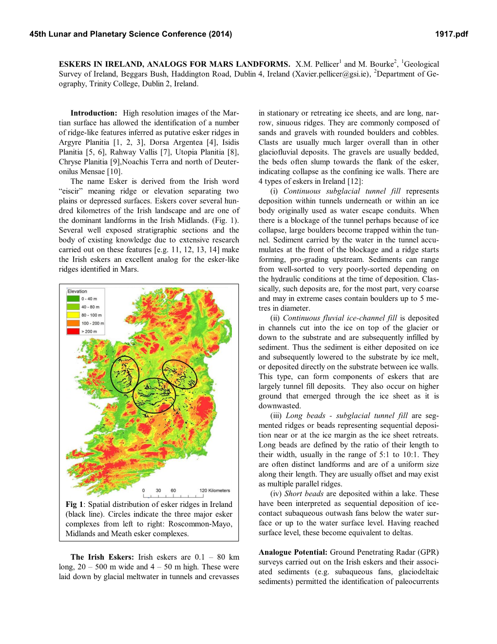 ESKERS in IRELAND, ANALOGS for MARS LANDFORMS. X.M. Pellicer1 and M