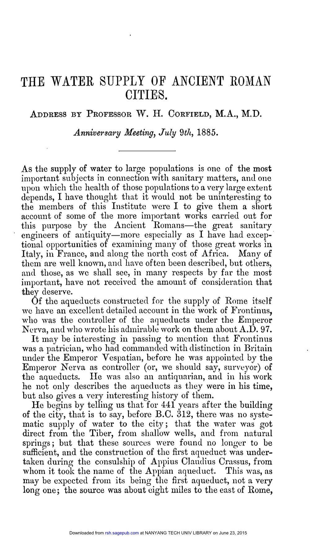 THE WATER SUPPLY of ANCIENT ROMAN CITIES. Anniversary