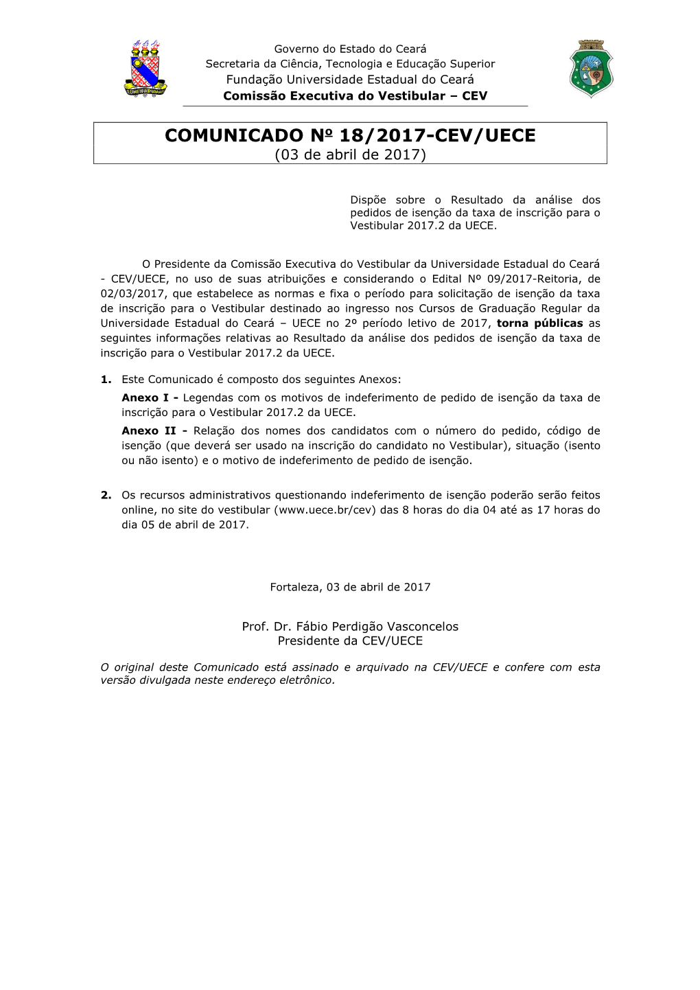 COMUNICADO No 18/2017-CEV/UECE (03 De Abril De 2017)