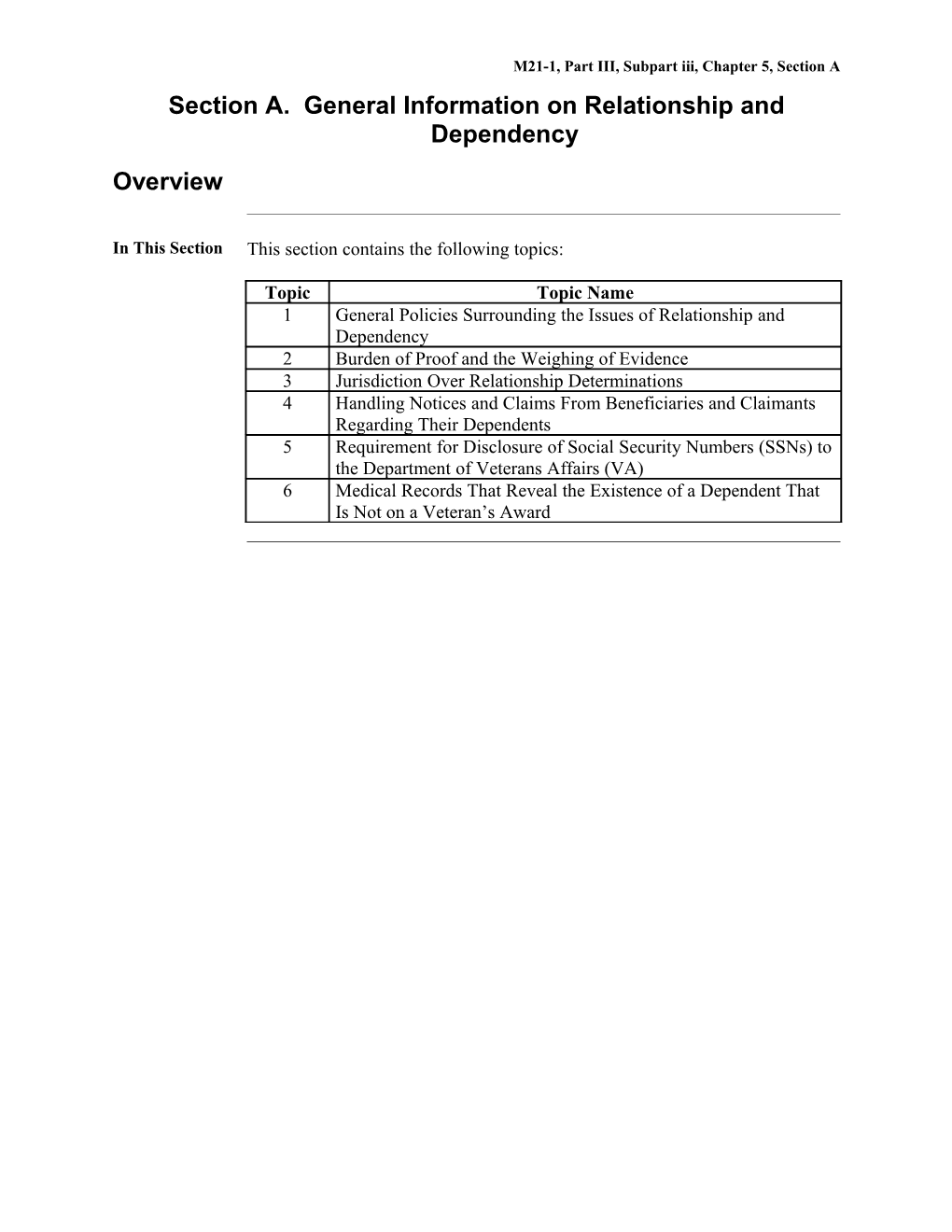 Part III, Subpart Iii, Chapter 5, Section A. General Information on Relationship and Dependency