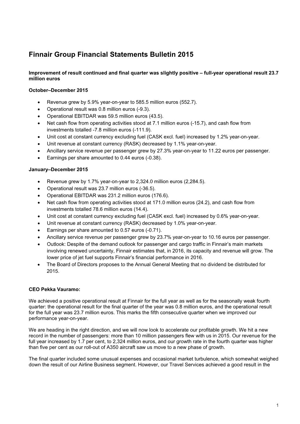 Finnair Group Financial Statements Bulletin 2015