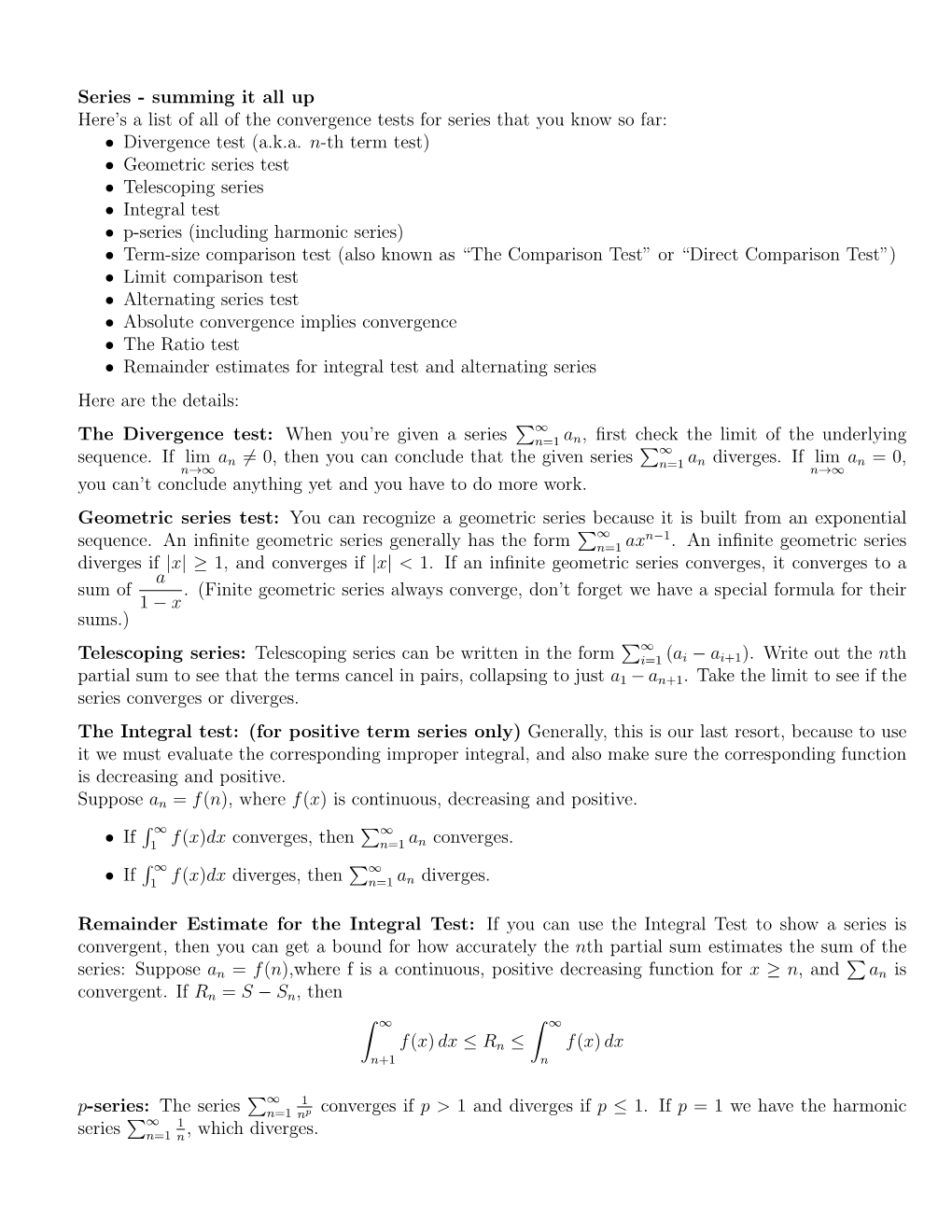 Series - Summing It All up Here’S a List of All of the Convergence Tests for Series That You Know So Far: • Divergence Test (A.K.A