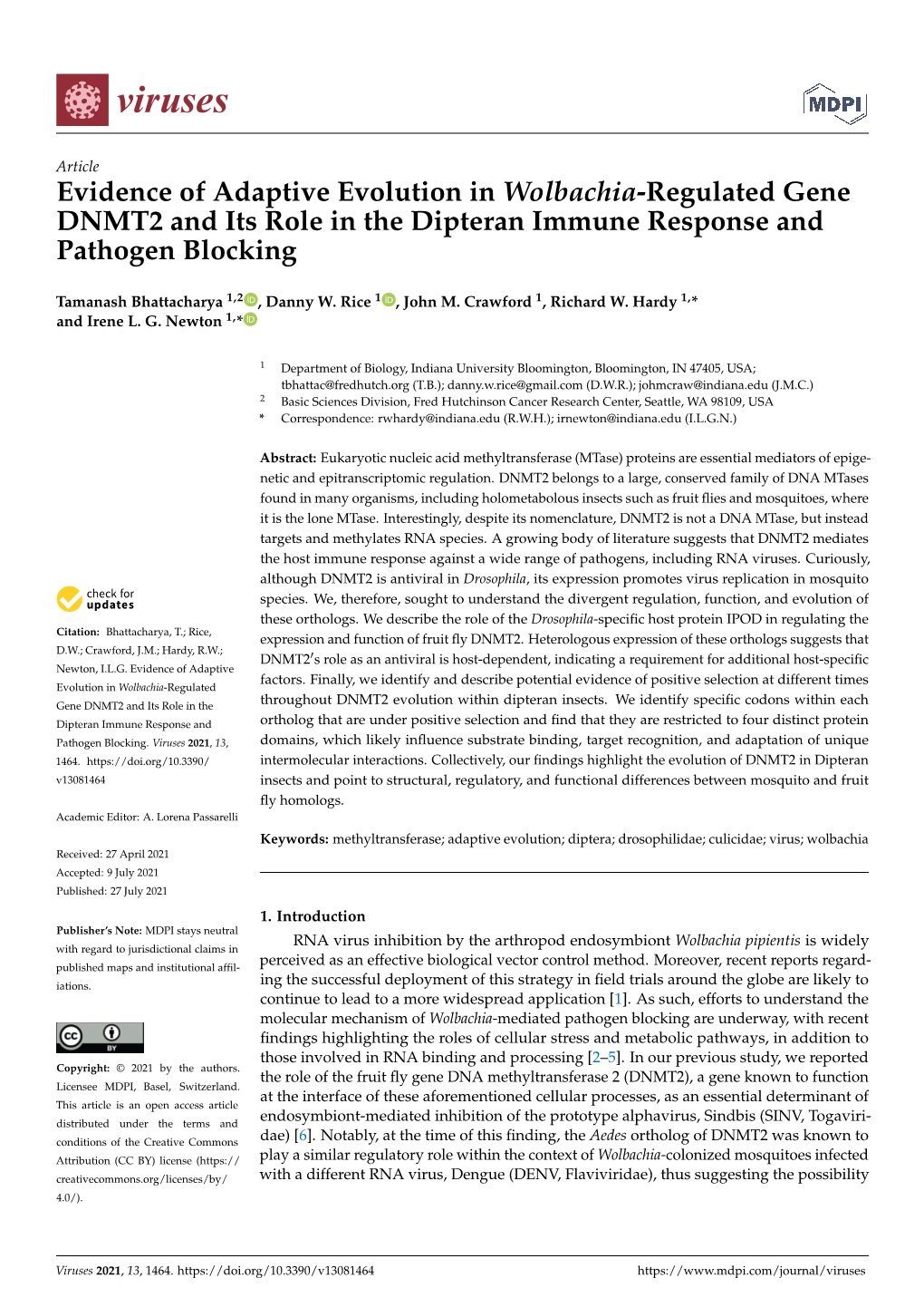 Evidence of Adaptive Evolution in Wolbachia-Regulated Gene DNMT2 and Its Role in the Dipteran Immune Response and Pathogen Blocking