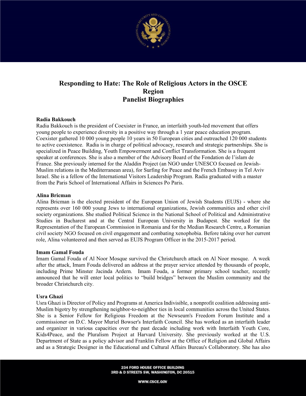 Responding to Hate: the Role of Religious Actors in the OSCE Region Panelist Biographies