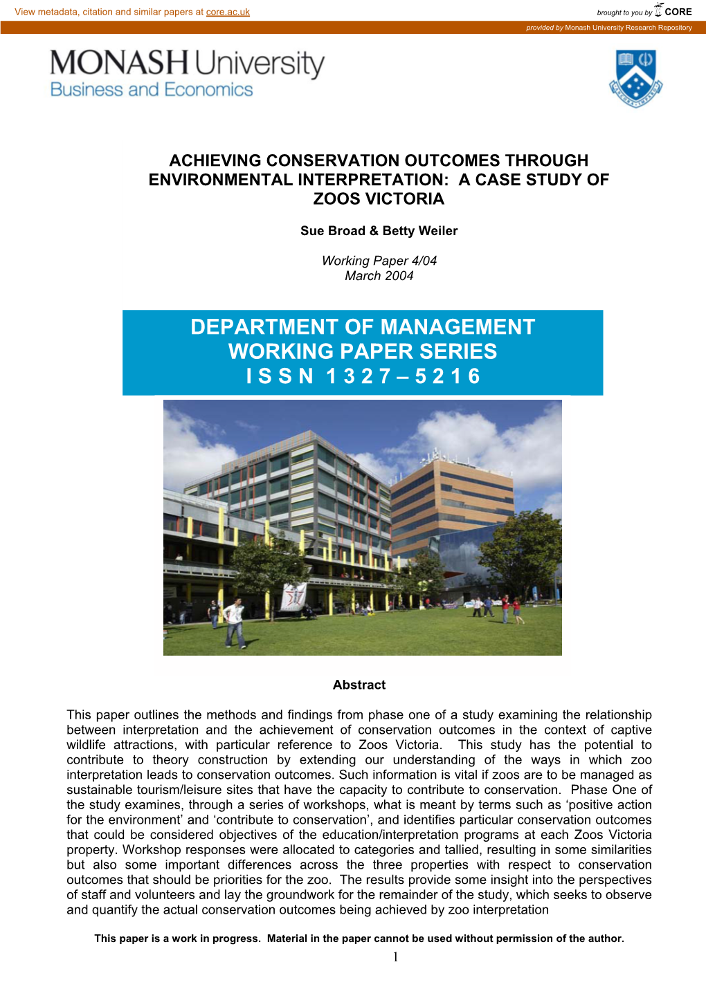 Achieving Conservation Outcomes Through Environmental Interpretation: a Case Study of Zoos Victoria