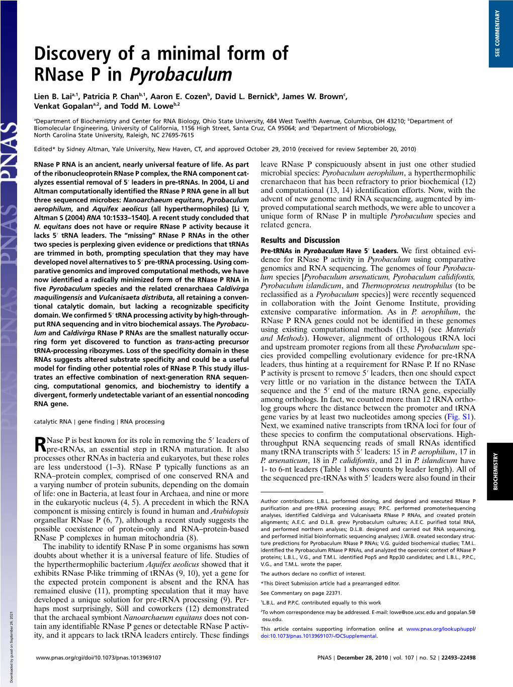 Discovery of a Minimal Form of Rnase P in Pyrobaculum