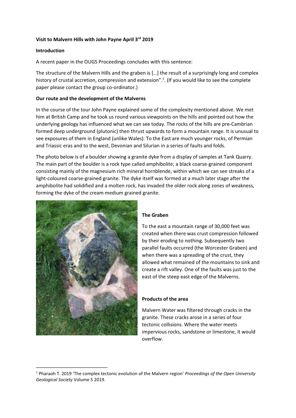 Visit to Malvern Hills with John Payne April 3Rd 2019 Introduction a Recent Paper in the OUGS Proceedings Concludes with This Se