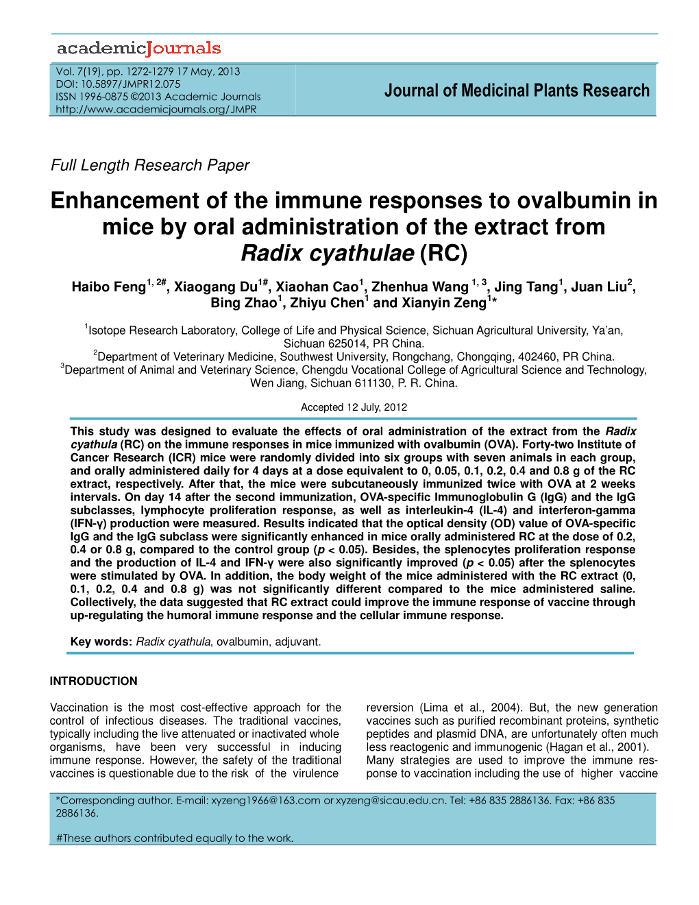 Enhancement of the Immune Responses to Ovalbumin in Mice by Oral Administration of the Extract from Radix Cyathulae (RC)