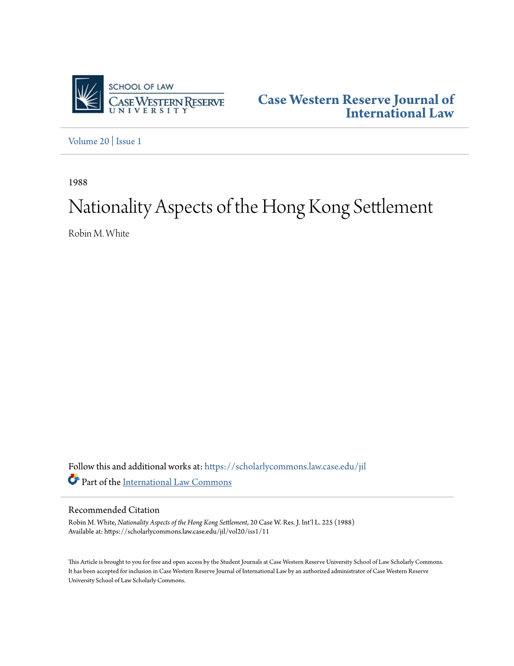 Nationality Aspects of the Hong Kong Settlement Robin M