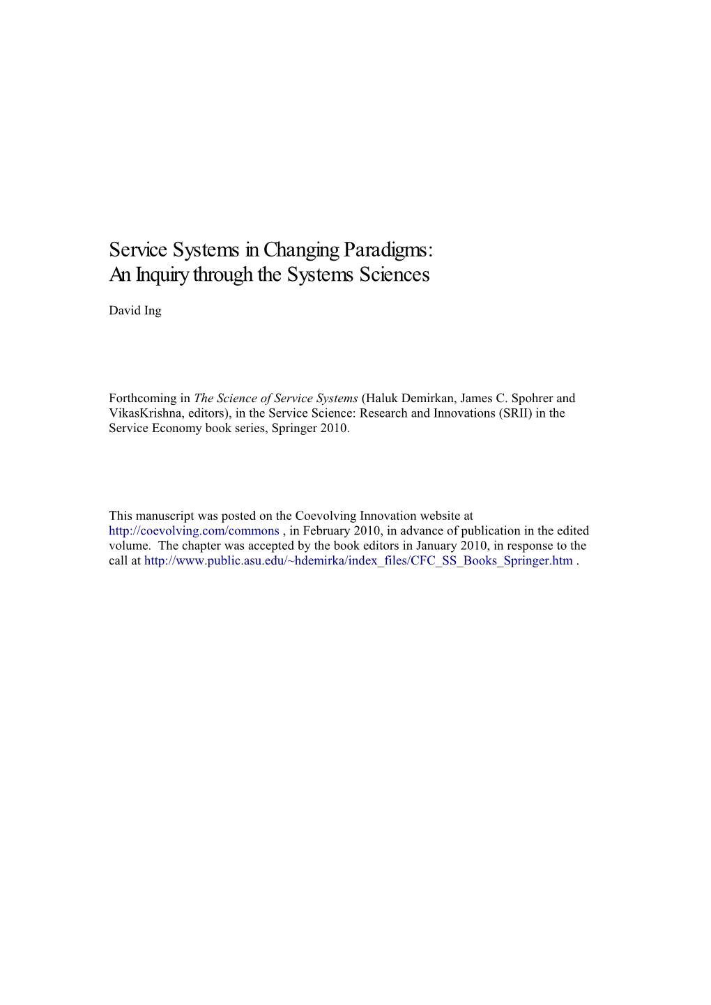 Service Systems in Changing Paradigms: an Inquiry Through the Systems Sciences