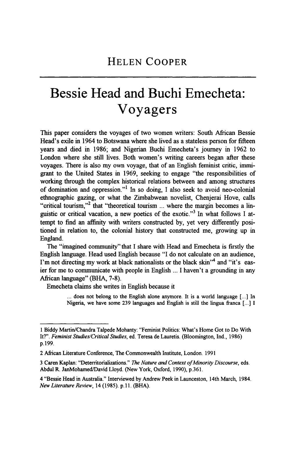 Bessie Head and Buchi Emecheta: Voyagers