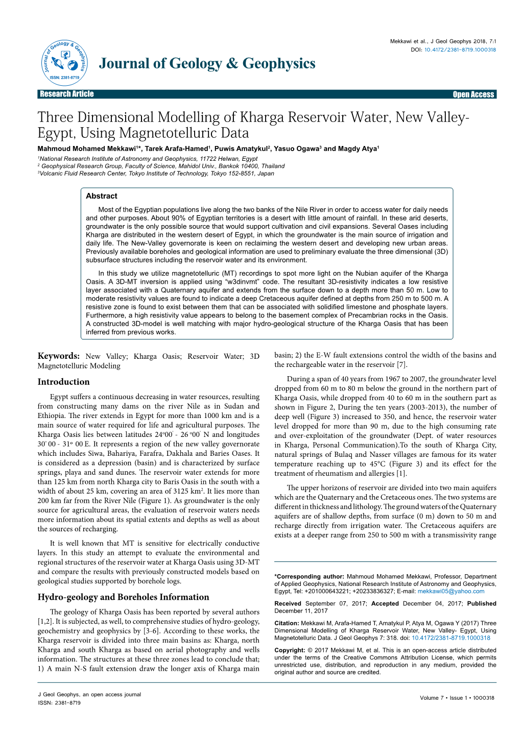 Three Dimensional Modelling of Kharga Reservoir Water, New