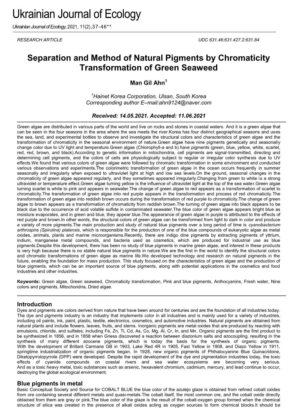 Separation and Method of Natural Pigments by Chromaticity Transformation of Green Seaweed