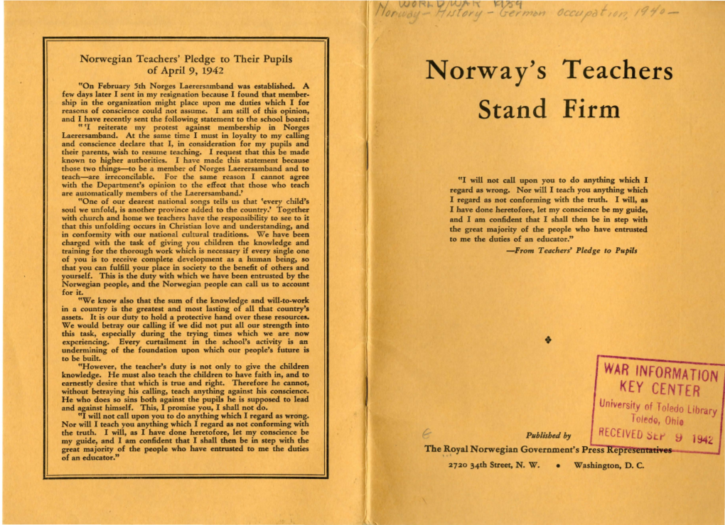 Norway's Teachers "On February 5Th Norges Laerersamband Was Established