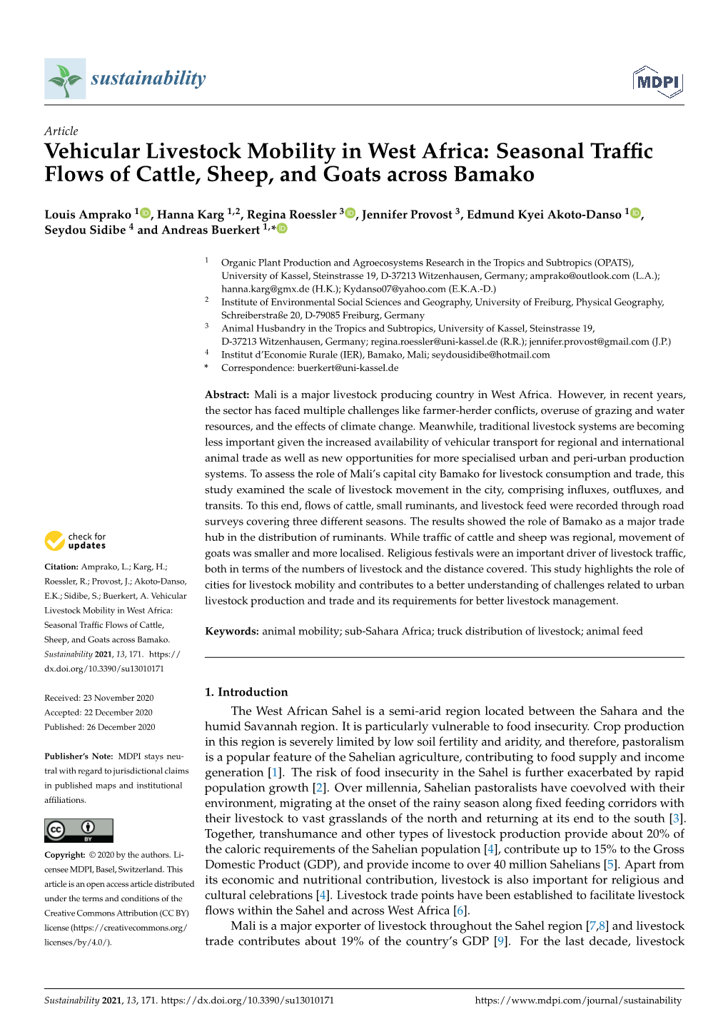 Seasonal Traffic Flows of Cattle, Sheep, and Goats Across Bamako