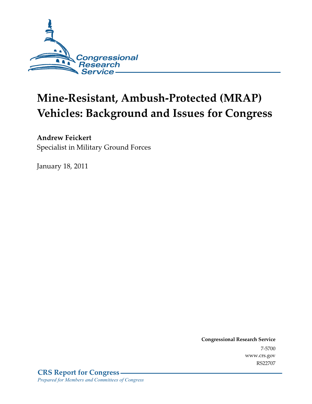 Mine-Resistant, Ambush-Protected (MRAP) Vehicles: Background and Issues for Congress