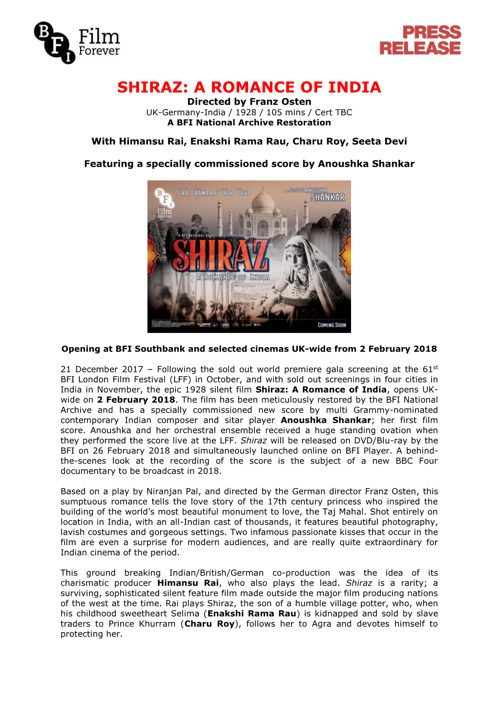 BFI Press Release: Shiraz