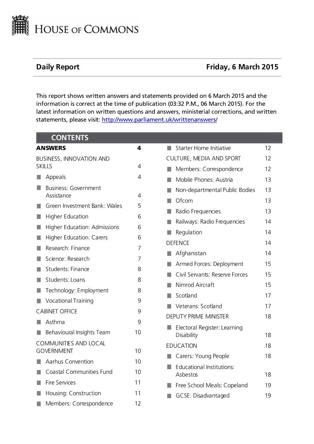 Daily Report Friday, 6 March 2015 CONTENTS