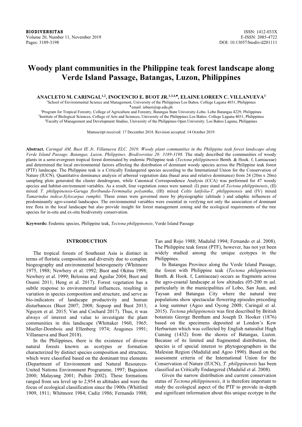 Woody Plant Communities in the Philippine Teak Forest Landscape Along Verde Island Passage, Batangas, Luzon, Philippines