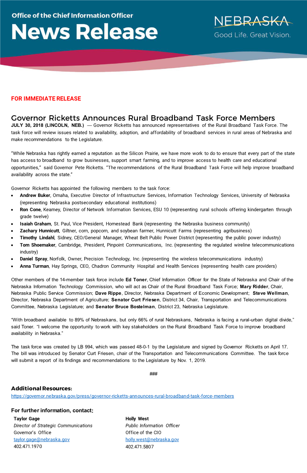 Governor Ricketts Announces Rural Broadband Task Force Members (Pdf)