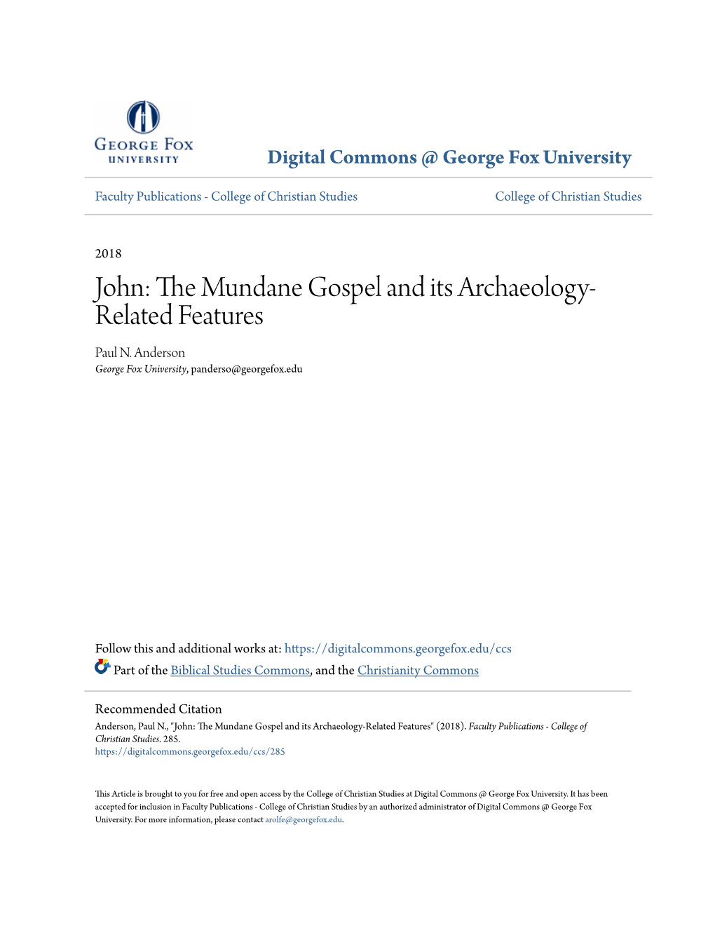 John: the Undm Ane Gospel and Its Archaeology- Related Features Paul N