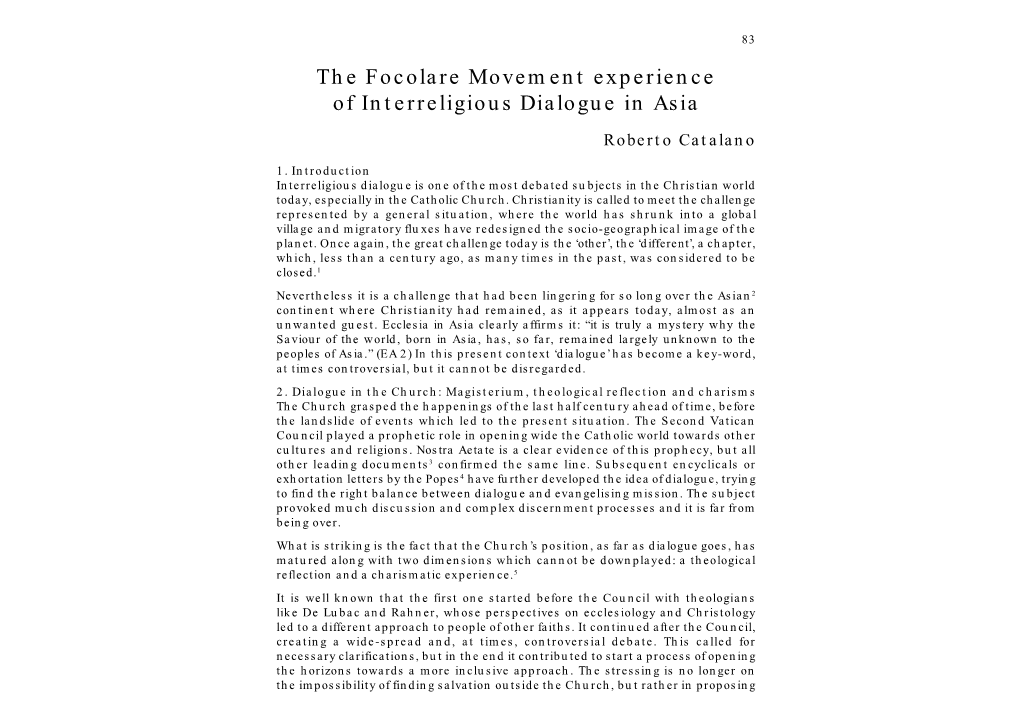The Focolare Movement Experience of Interreligious Dialogue in Asia