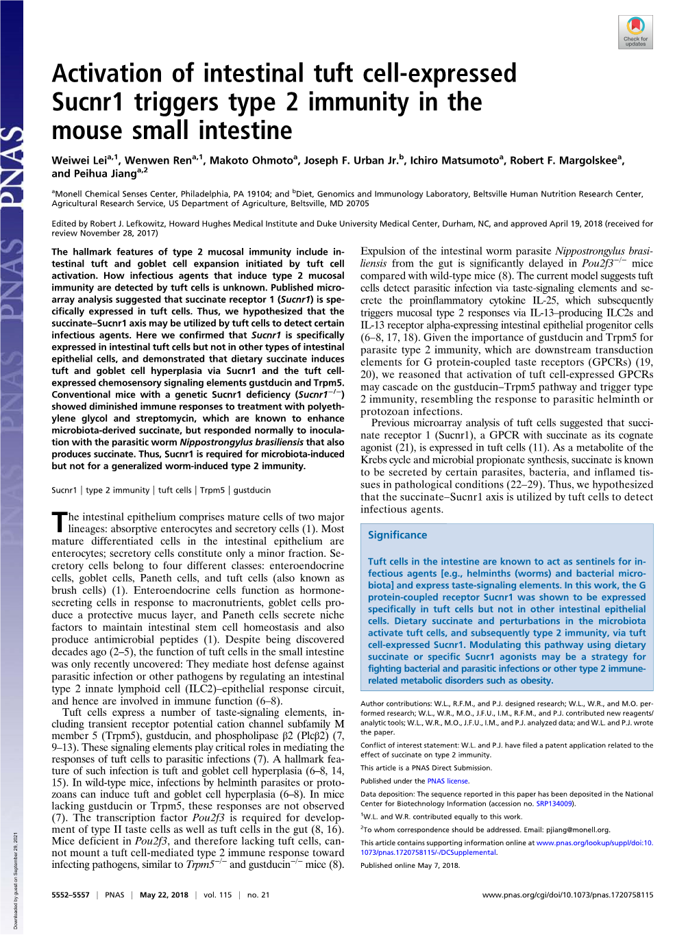 Activation of Intestinal Tuft Cell-Expressed Sucnr1 Triggers Type 2 Immunity in the Mouse Small Intestine