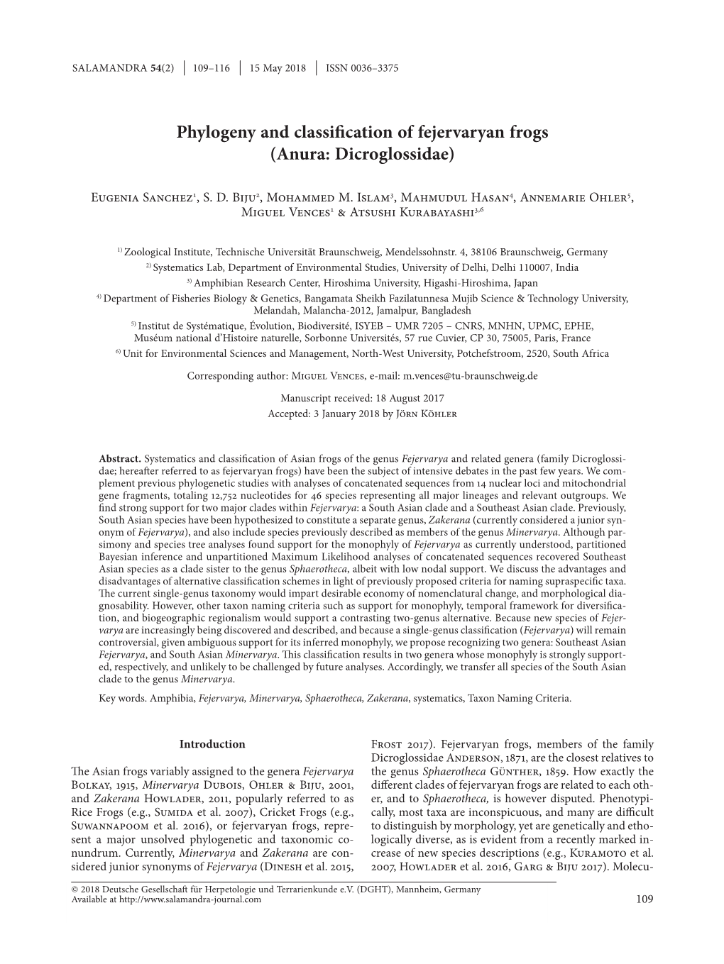Phylogeny and Classification of Fejervaryan Frogs (Anura: Dicroglossidae)