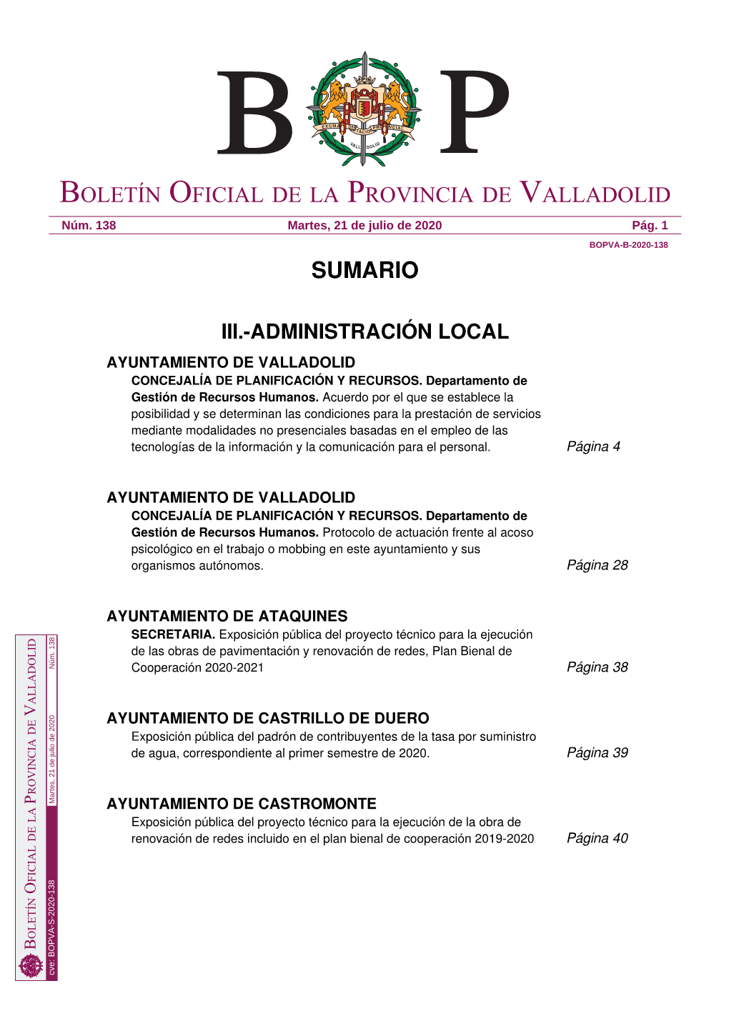 Sumario Boletín Oficial De La Provincia De Valladolid